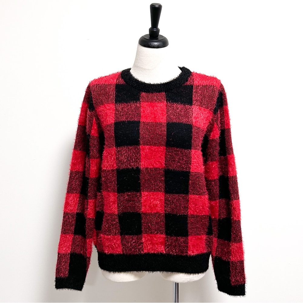 For The Republic Black Red Buffalo Plaid Eyelash Fuzzy Knit Sweater XL NWT